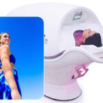 cocoon wellness pod in use and woman in blue