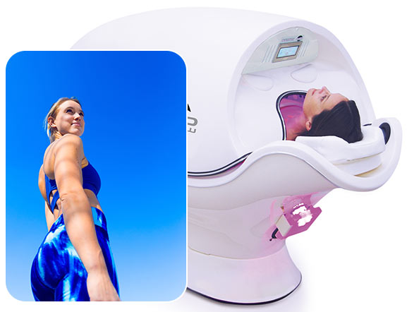 cocoon wellness pod in use and woman in blue