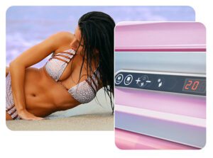 A woman in a bikini laying on the beach.