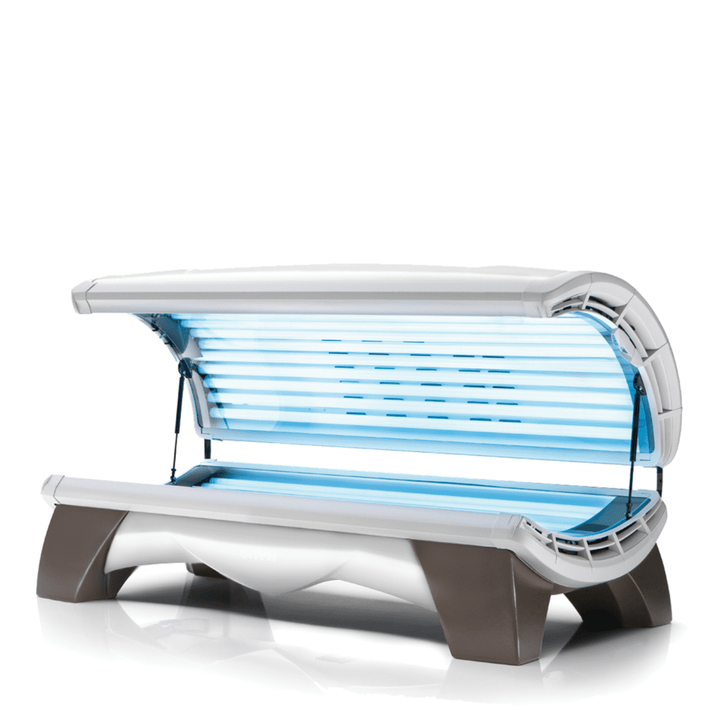 A white and silver tanning bed with blue lights.