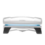 A white and black bench with blue light