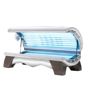 A Jade Tanning Bed With Blue Light With Black Legs