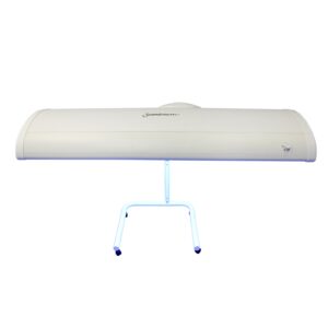 A white table with a blue handle and a white base.