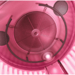 A pink ceiling fan in the middle of a room.