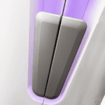 V8 HANDLE SILVER A close up of the side of an electric device.