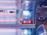 A view of a street from above at night.