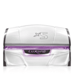 A white box with purple lights on top of it.