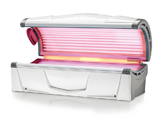 A white and silver box with a pink light inside of it