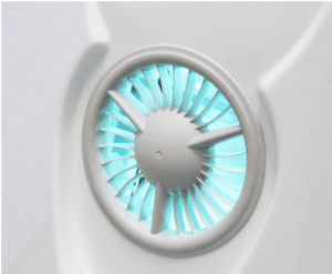 A close up of the air vent with blue lights
