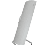 A white stand up speaker on top of a table.