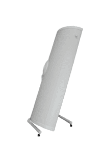 A white stand up speaker on top of a table.