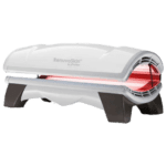 A white and red light is on top of the table.