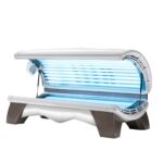 A white and blue light is on in the sun bed.