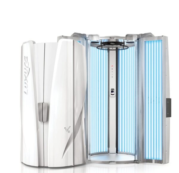 A white and silver machine with blue lights on it.