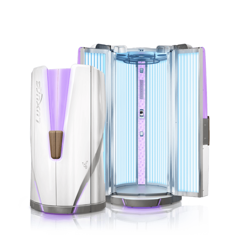 White and purple vertical tanning booth.